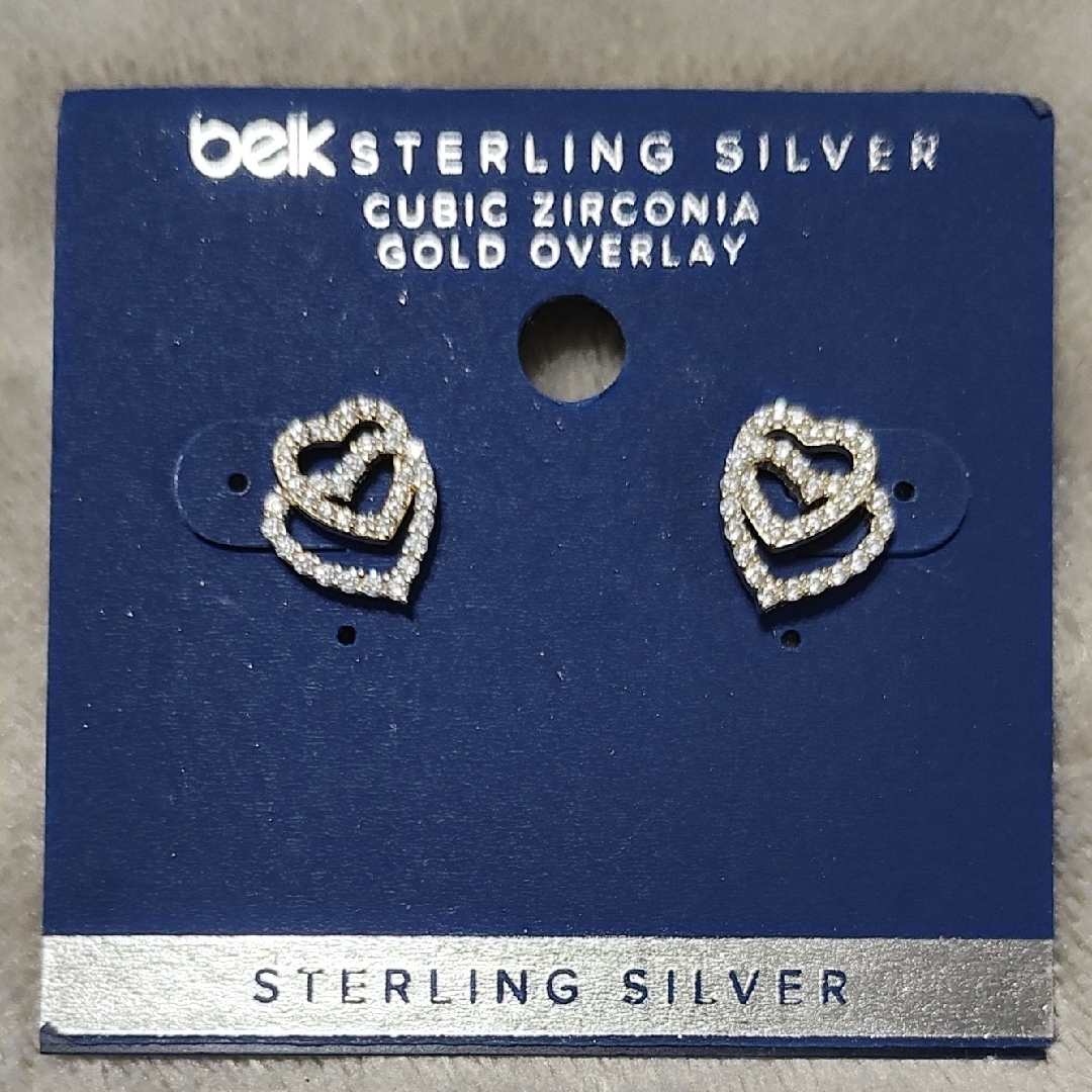 Cubic Zirconia Gold Overplay Double Heart Sterling Silver Heart Earrings Nwt